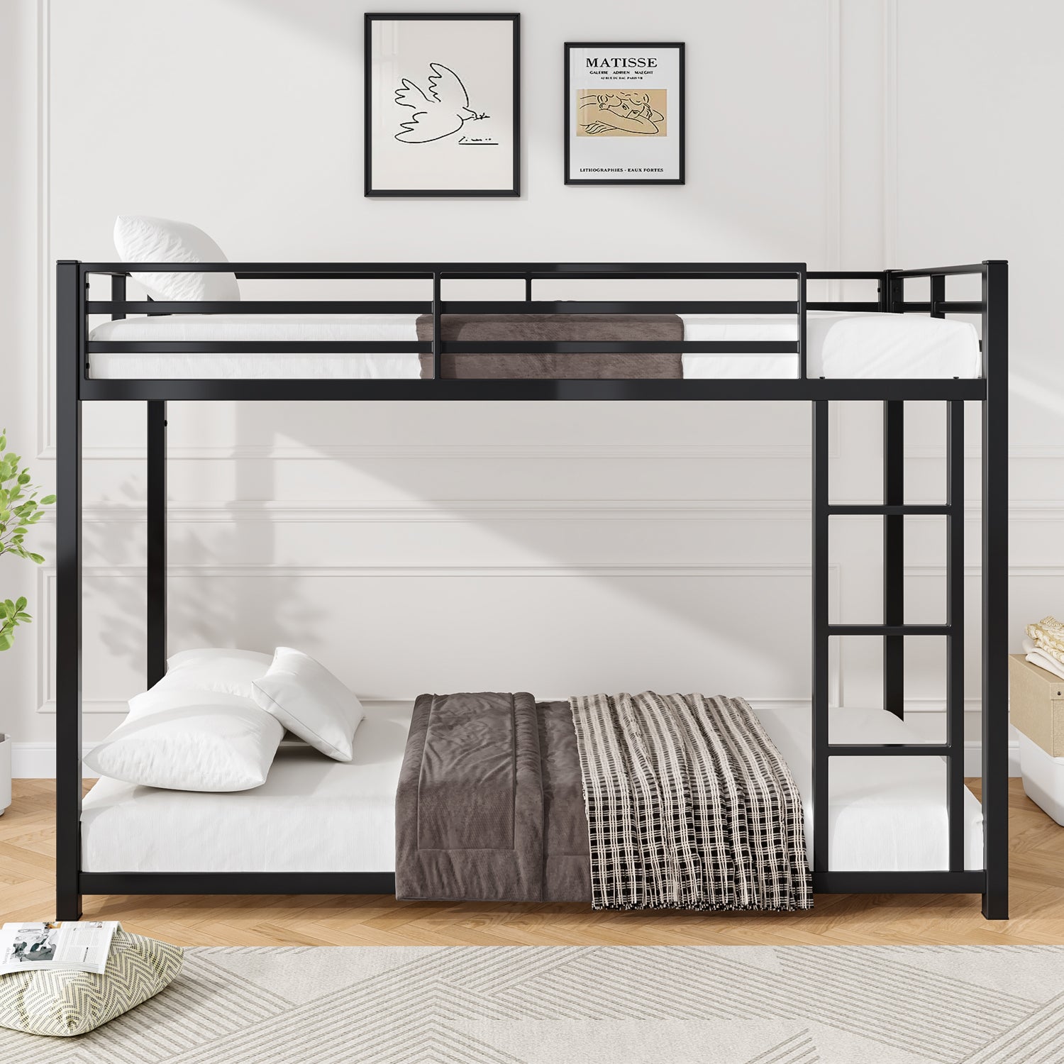 Twin Over Twin Metal Bunk Bed, Low Bunk Bed with Ladder, Bed Frame,Black, Sturdy Steel Construction, Safe Design, Easy Assembly, 350lb Upper Bed Capacity, 500lb Lower Bed Capacity