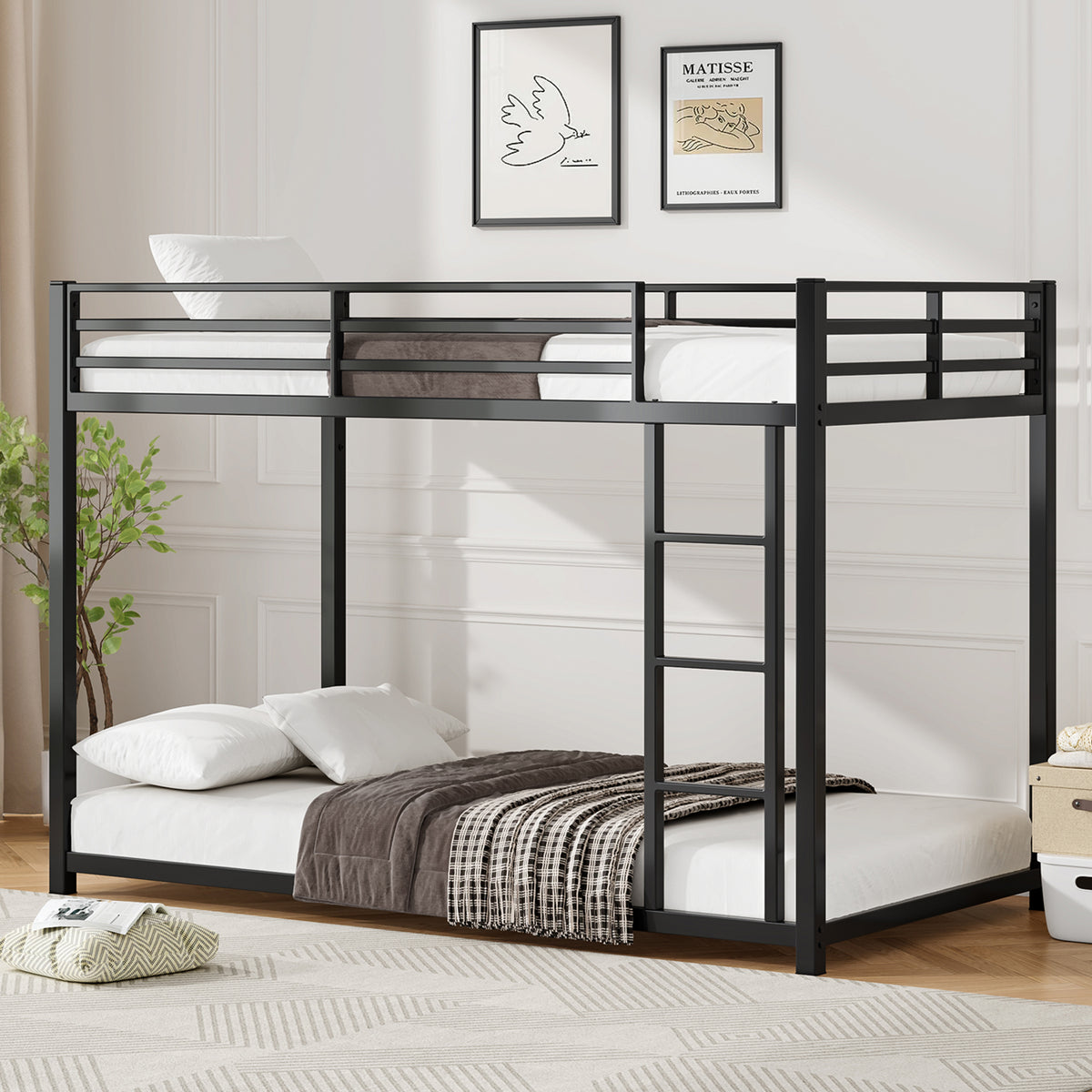 Twin Over Twin Metal Bunk Bed, Low Bunk Bed with Ladder, Bed Frame,Black, Sturdy Steel Construction, Safe Design, Easy Assembly, 350lb Upper Bed Capacity, 500lb Lower Bed Capacity