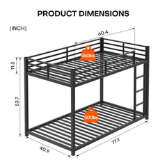 Twin Over Twin Metal Bunk Bed, Low Bunk Bed with Ladder, Bed Frame,Black, Sturdy Steel Construction, Safe Design, Easy Assembly, 350lb Upper Bed Capacity, 500lb Lower Bed Capacity