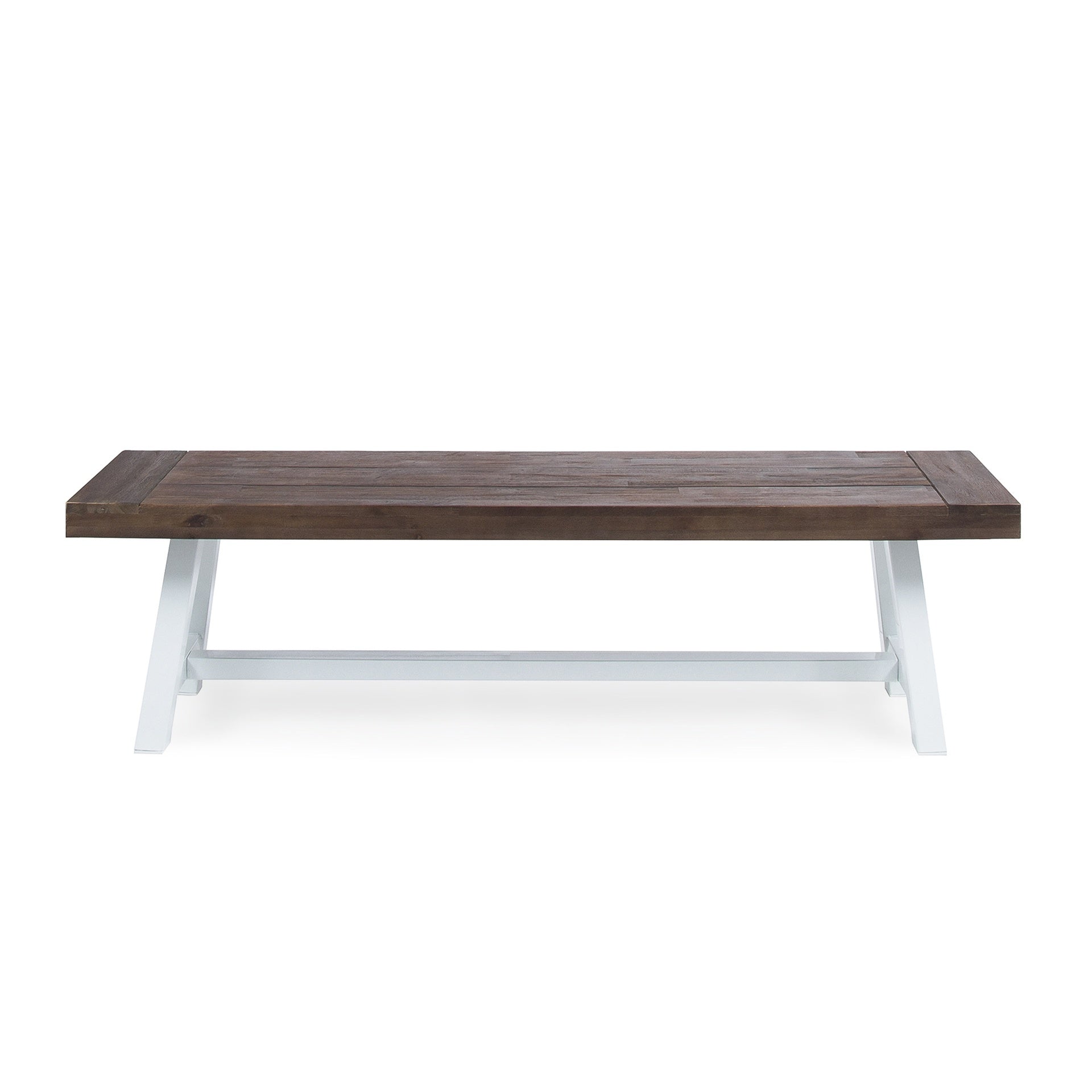 Dark Brown Sandblast Finish Acacia Wood Dining Bench with White Rustic Metal Finish Frame