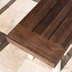 Dark Brown Sandblast Finish Acacia Wood Dining Bench with White Rustic Metal Finish Frame