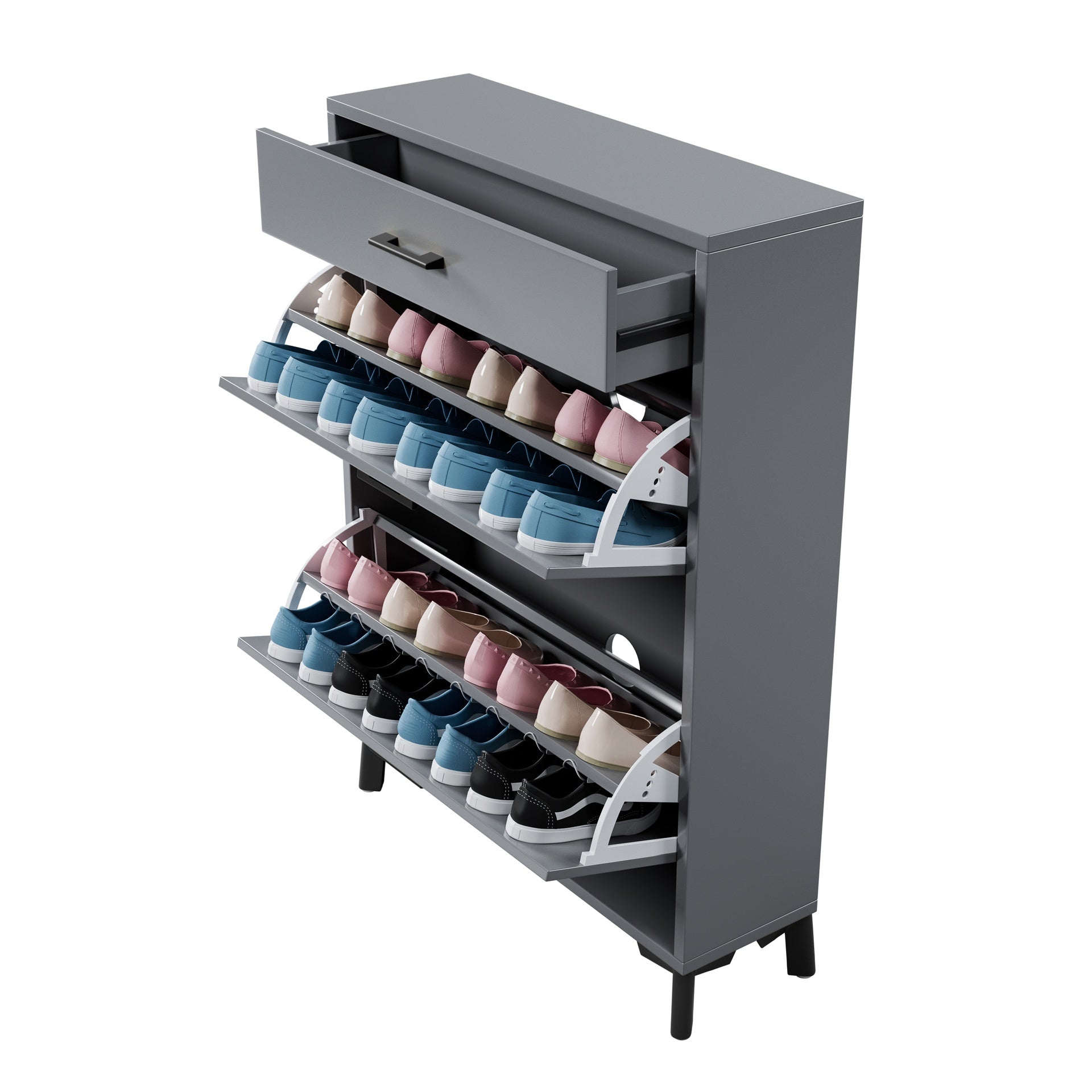 Shoe Storage Cabinet for Entryway, Free Standing Shoe Organizer with 2 Flip Drawers, Hidden Shoe Rack Storage Organizer for Doorway Hallway Closet, Gray