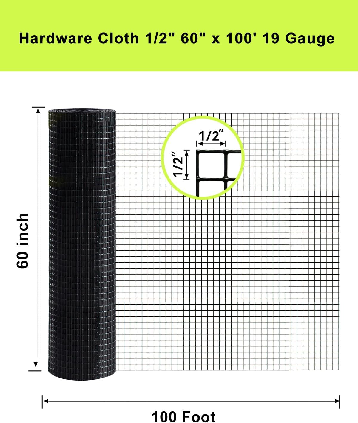 Black Hardware Cloth 5 ft × 100 ft, 19 Gauge 1/2 inch Black PVC Vinyl Coated Welded Wire Fence Supports Poultry Netting Chicken Coop Cover Wire Fencing Black PVC Wire Mesh