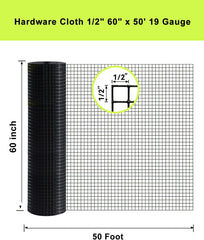 Black Hardware Cloth 5 ft × 50 ft, 19 Gauge 1/2 inch Black PVC Vinyl Coated Welded Wire Fence Supports Poultry Netting Chicken Coop Cover Wire Fencing Black PVC Wire Mesh