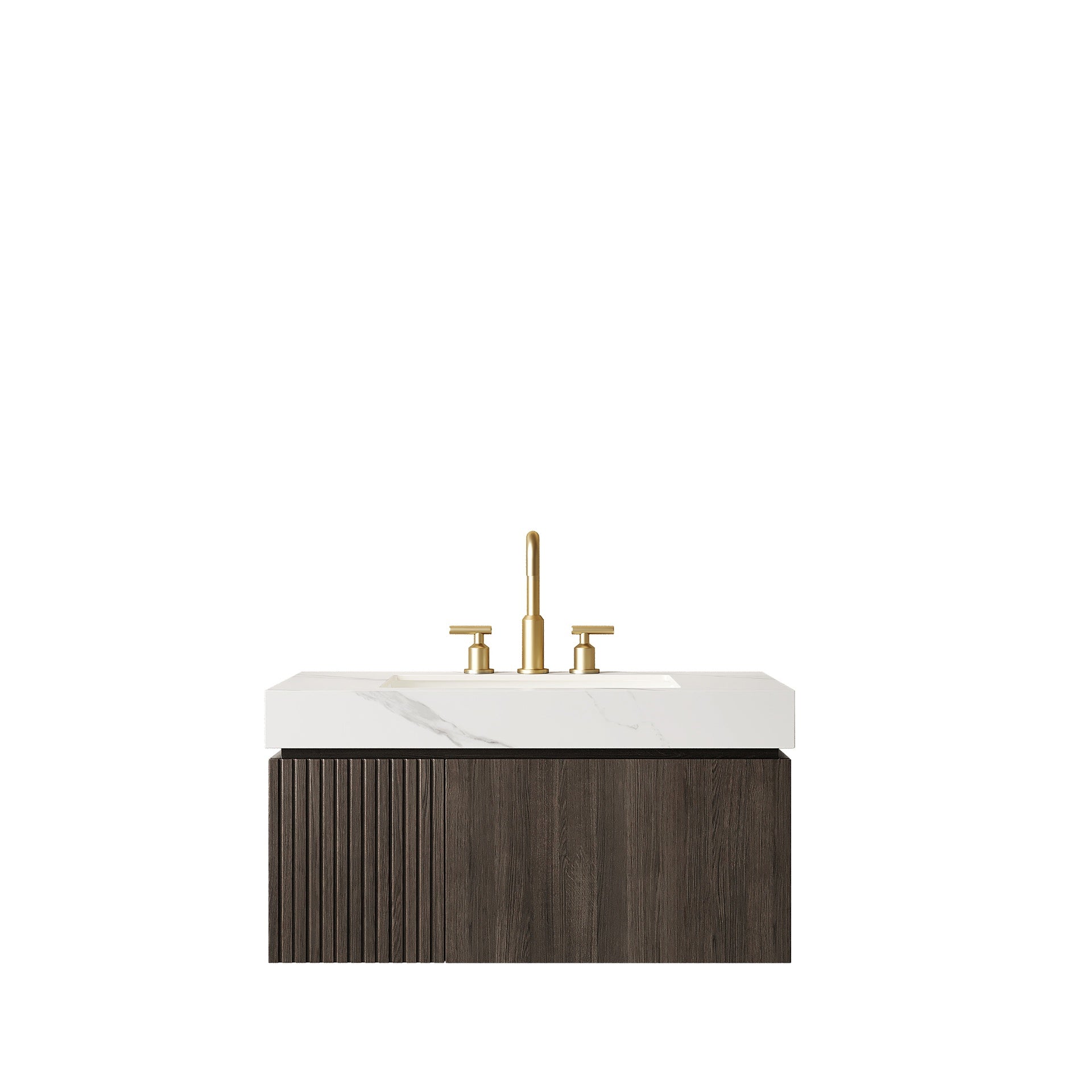 MURI 36" Bathroom Vanity&Sink, Floating Plywood Storage Cabinet with Drawer&Door, Carrara White Sintered Stone Top&Ceramic Basin with 3 Pre-drilled Faucet Holes, Pre-assembled, Espresso Woodgrain