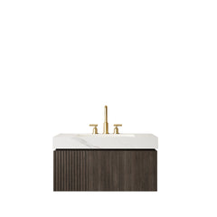 MURI 36" Bathroom Vanity&Sink, Floating Plywood Storage Cabinet with Drawer&Door, Carrara White Sintered Stone Top&Ceramic Basin with 3 Pre-drilled Faucet Holes, Pre-assembled, Espresso Woodgrain