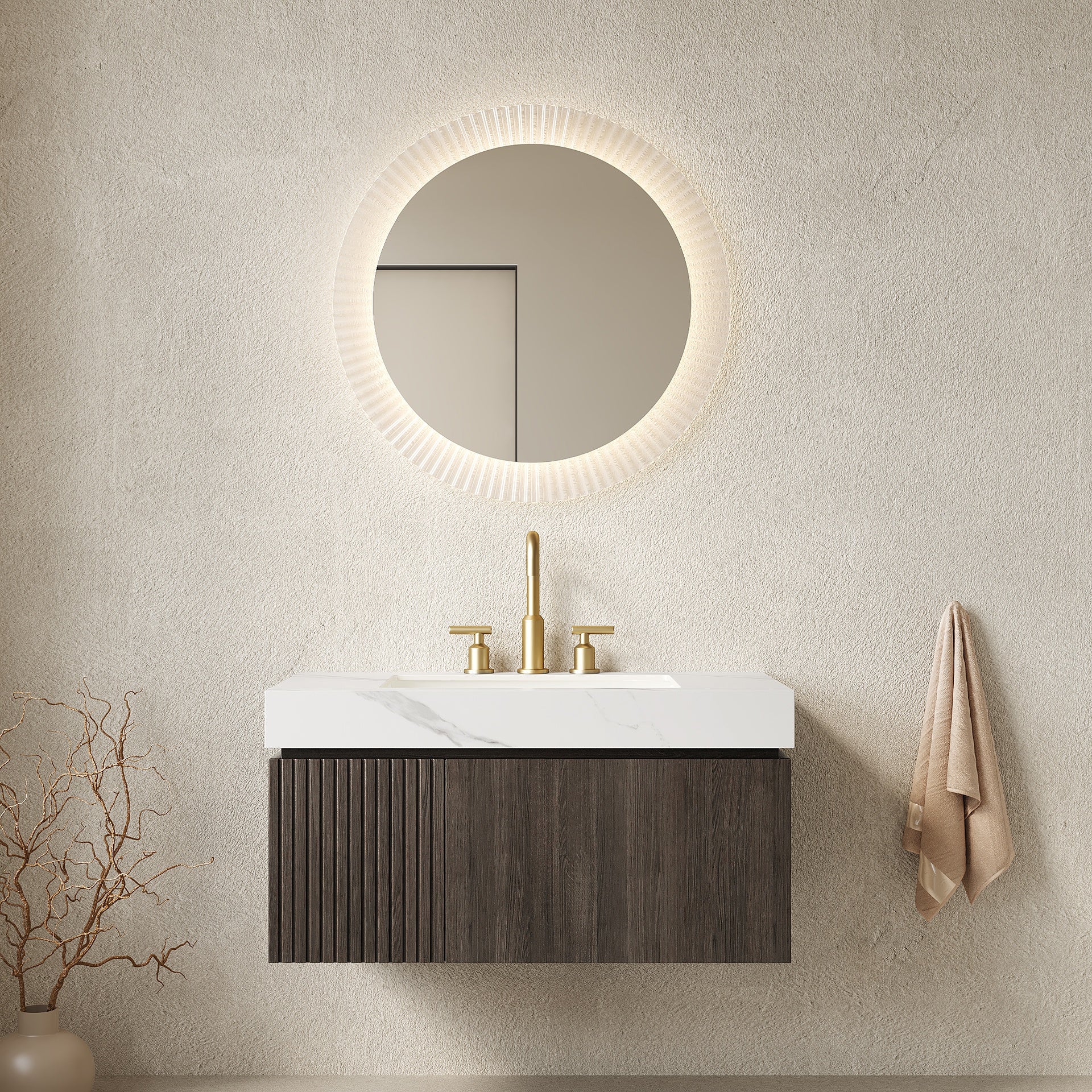 MURI 36" Bathroom Vanity&Sink, Floating Plywood Storage Cabinet with Drawer&Door, Carrara White Sintered Stone Top&Ceramic Basin with 3 Pre-drilled Faucet Holes, Pre-assembled, Espresso Woodgrain