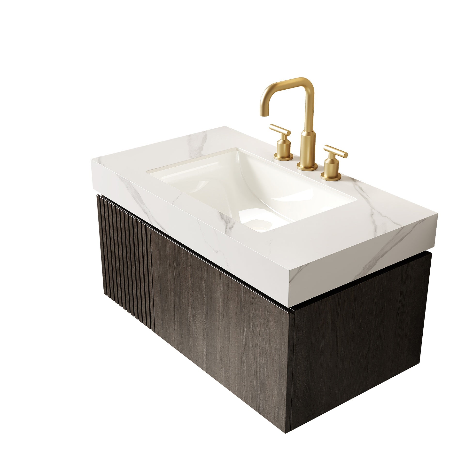 MURI 36" Bathroom Vanity&Sink, Floating Plywood Storage Cabinet with Drawer&Door, Carrara White Sintered Stone Top&Ceramic Basin with 3 Pre-drilled Faucet Holes, Pre-assembled, Espresso Woodgrain