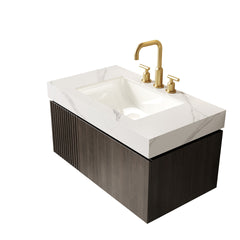 MURI 36" Bathroom Vanity&Sink, Floating Plywood Storage Cabinet with Drawer&Door, Carrara White Sintered Stone Top&Ceramic Basin with 3 Pre-drilled Faucet Holes, Pre-assembled, Espresso Woodgrain