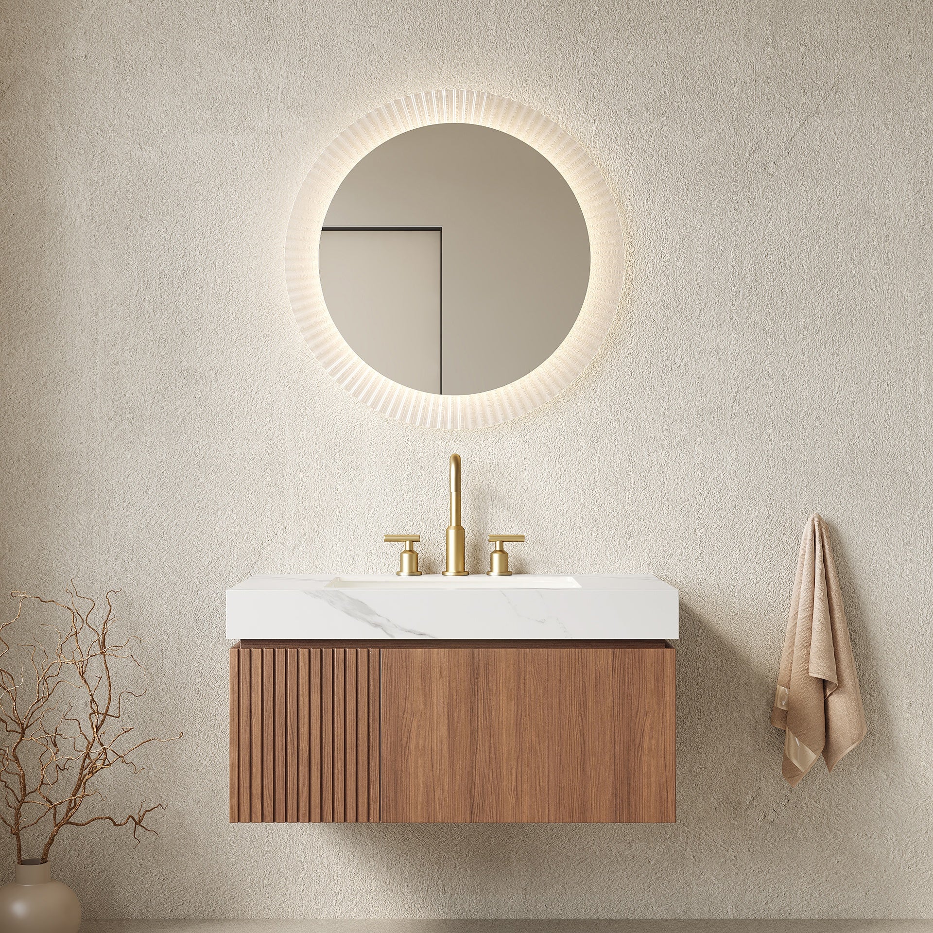 MURI 36" Bathroom Vanity&Sink, Floating Plywood Storage Cabinet with Drawer&Door, Carrara White Sintered Stone Top&Ceramic Basin with 3 Pre-drilled Faucet Holes, Pre-assembled, Brown Oak Woodgrain