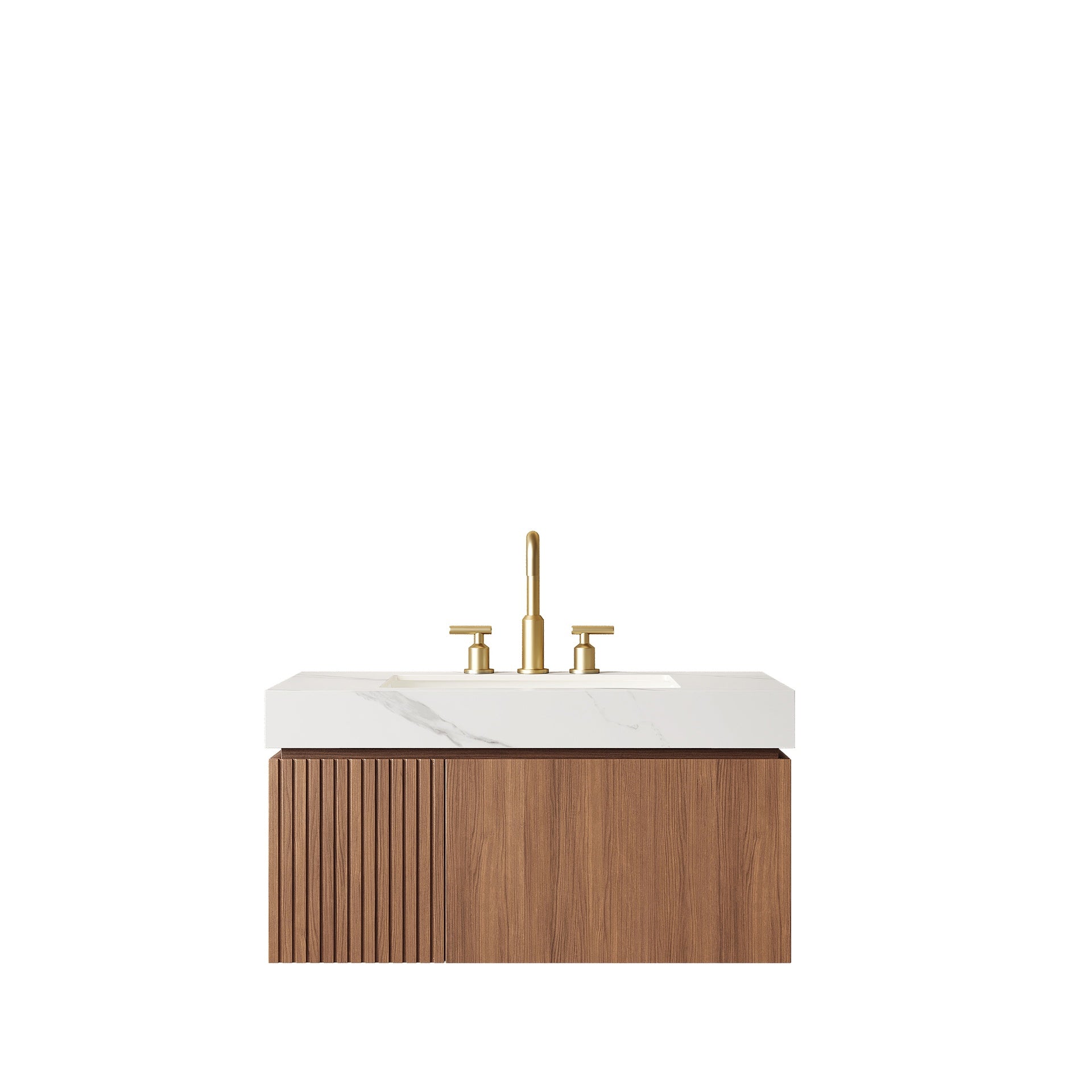 MURI 36" Bathroom Vanity&Sink, Floating Plywood Storage Cabinet with Drawer&Door, Carrara White Sintered Stone Top&Ceramic Basin with 3 Pre-drilled Faucet Holes, Pre-assembled, Brown Oak Woodgrain