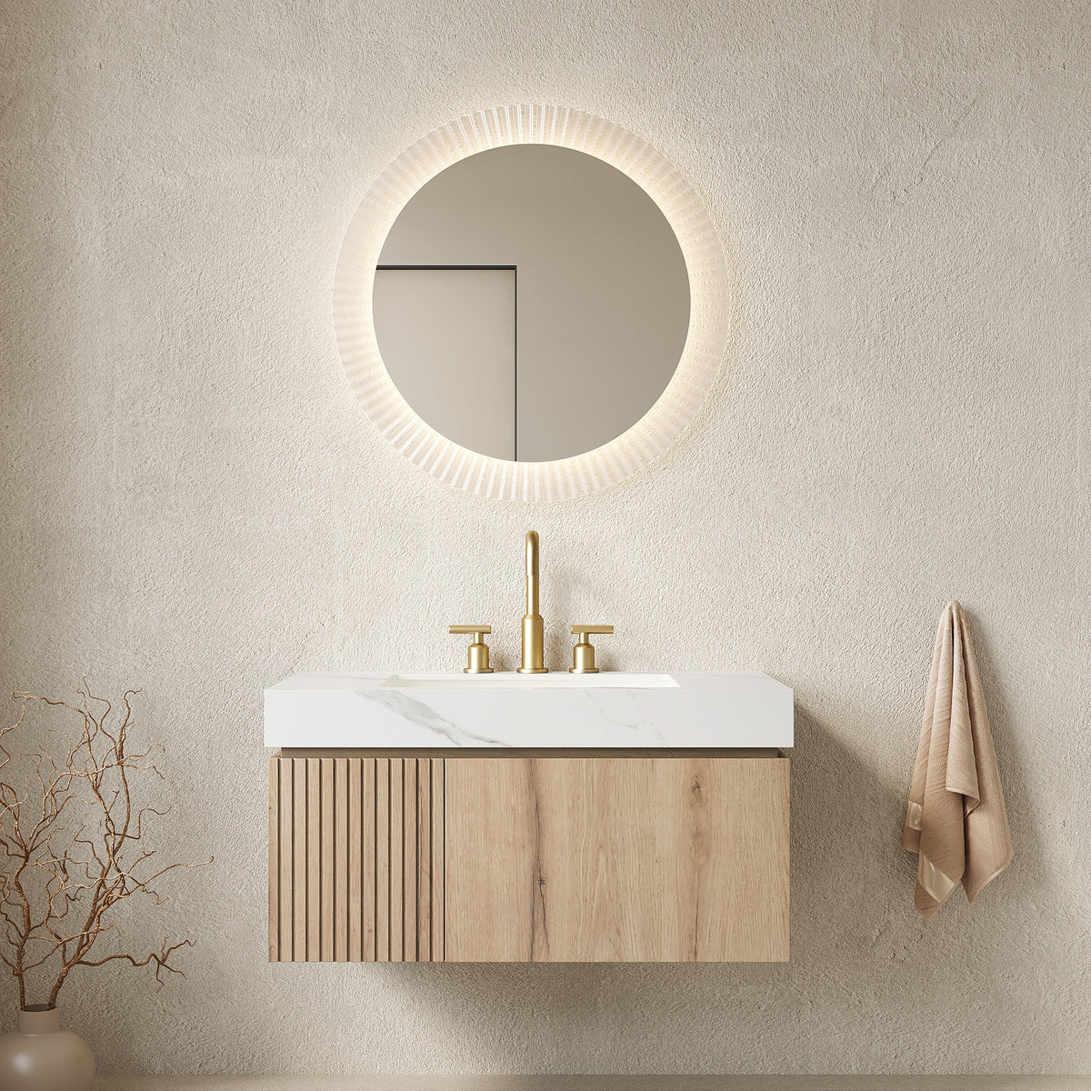 MURI 36" Bathroom Vanity&Sink, Floating Plywood Storage Cabinet with Drawer&Door, Carrara White Sintered Stone Top&Ceramic Basin with 3 Pre-drilled Faucet Holes, Pre-assembled, White Oak Woodgrain