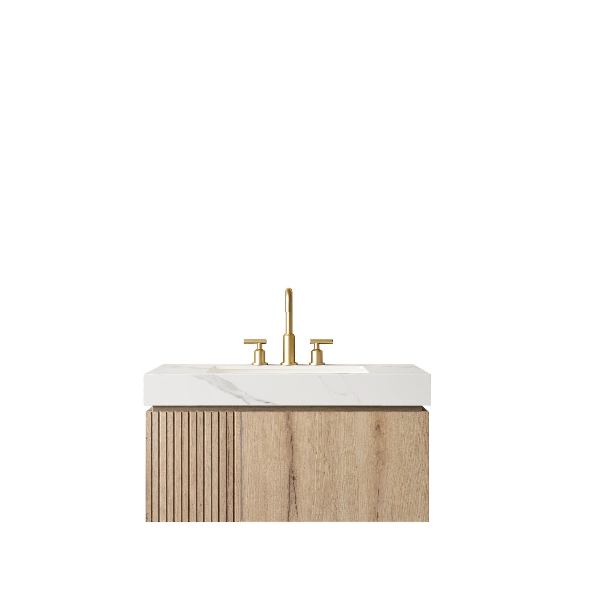 MURI 36" Bathroom Vanity&Sink, Floating Plywood Storage Cabinet with Drawer&Door, Carrara White Sintered Stone Top&Ceramic Basin with 3 Pre-drilled Faucet Holes, Pre-assembled, White Oak Woodgrain