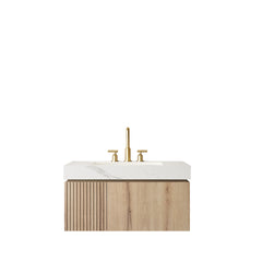 MURI 36" Bathroom Vanity&Sink, Floating Plywood Storage Cabinet with Drawer&Door, Carrara White Sintered Stone Top&Ceramic Basin with 3 Pre-drilled Faucet Holes, Pre-assembled, White Oak Woodgrain