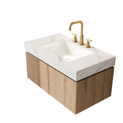 MURI 36" Bathroom Vanity&Sink, Floating Plywood Storage Cabinet with Drawer&Door, Carrara White Sintered Stone Top&Ceramic Basin with 3 Pre-drilled Faucet Holes, Pre-assembled, White Oak Woodgrain