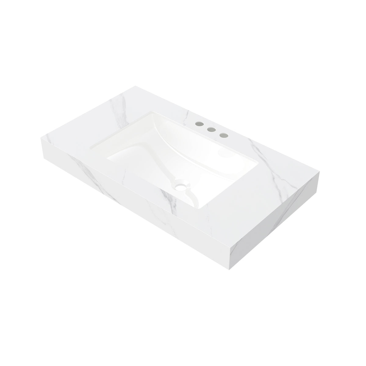36" MURI Carrara White Sintered Stone Countertop and Undermount Ceramic Basin with Three Standard Pre-drilled Faucet Holes, NO Cabinet, NO Faucet and Sink Cover