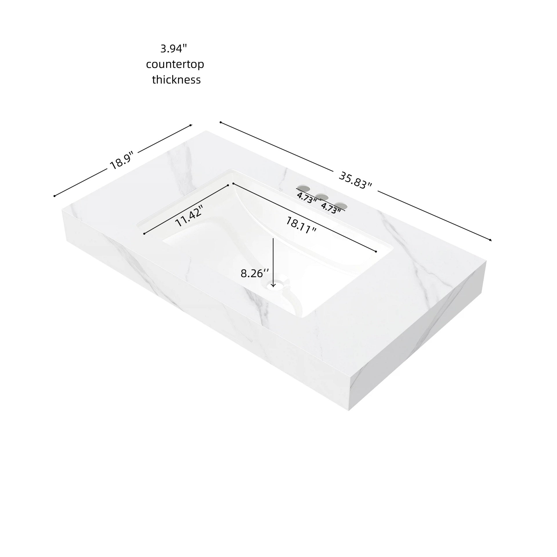 36" MURI Carrara White Sintered Stone Countertop and Undermount Ceramic Basin with Three Standard Pre-drilled Faucet Holes, NO Cabinet, NO Faucet and Sink Cover
