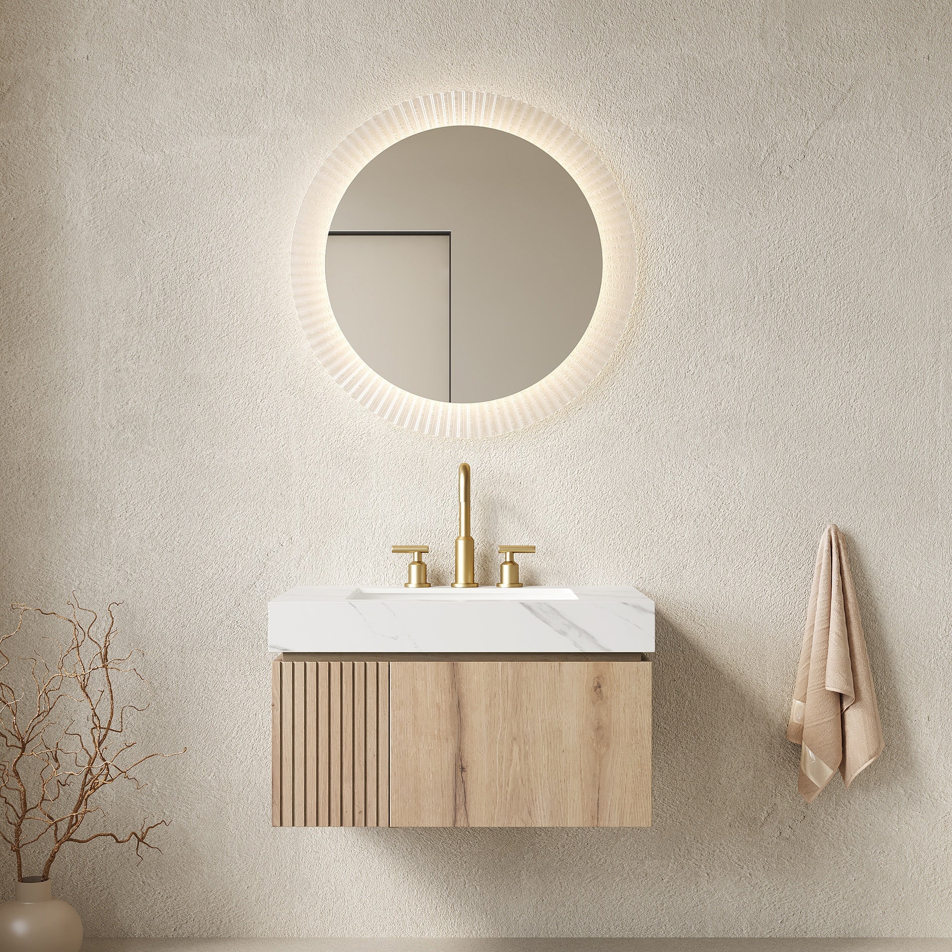 MURI 30" Bathroom Vanity&Sink, Floating Plywood Storage Cabinet with Drawer&Door, Carrara White Sintered Stone Top&Ceramic Basin with 3 Pre-drilled Faucet Holes, Pre-assembled, White Oak Woodgrain
