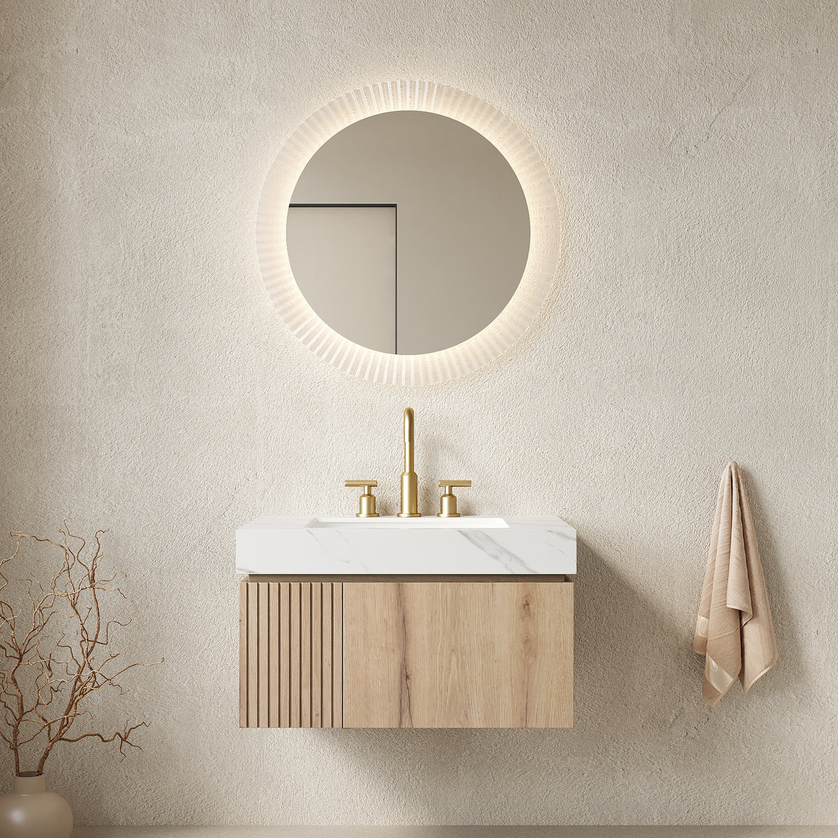 MURI 30" Bathroom Vanity&Sink, Floating Plywood Storage Cabinet with Drawer&Door, Carrara White Sintered Stone Top&Ceramic Basin with 3 Pre-drilled Faucet Holes, Pre-assembled, White Oak Woodgrain