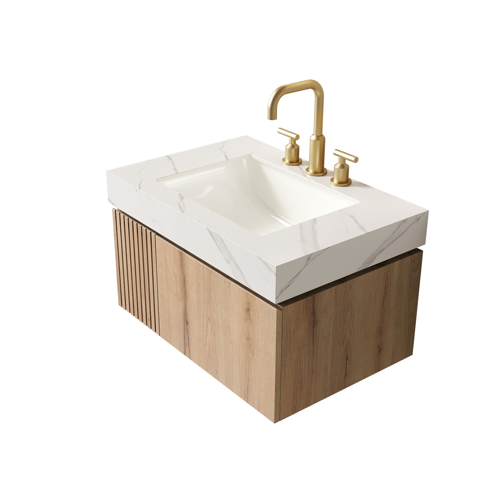 MURI 30" Bathroom Vanity&Sink, Floating Plywood Storage Cabinet with Drawer&Door, Carrara White Sintered Stone Top&Ceramic Basin with 3 Pre-drilled Faucet Holes, Pre-assembled, White Oak Woodgrain