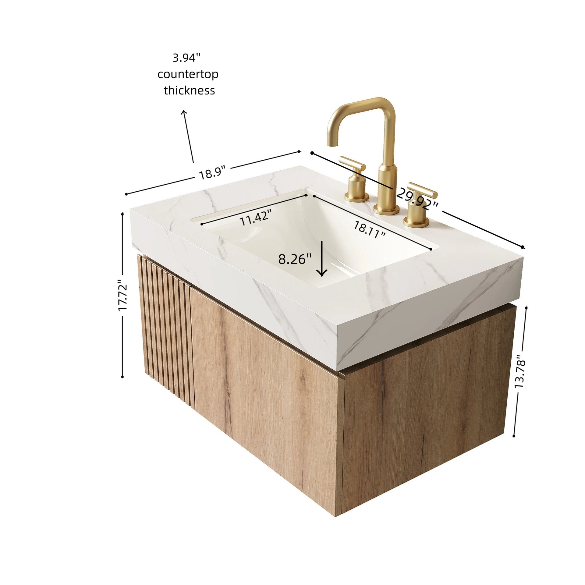 MURI 30" Bathroom Vanity&Sink, Floating Plywood Storage Cabinet with Drawer&Door, Carrara White Sintered Stone Top&Ceramic Basin with 3 Pre-drilled Faucet Holes, Pre-assembled, White Oak Woodgrain