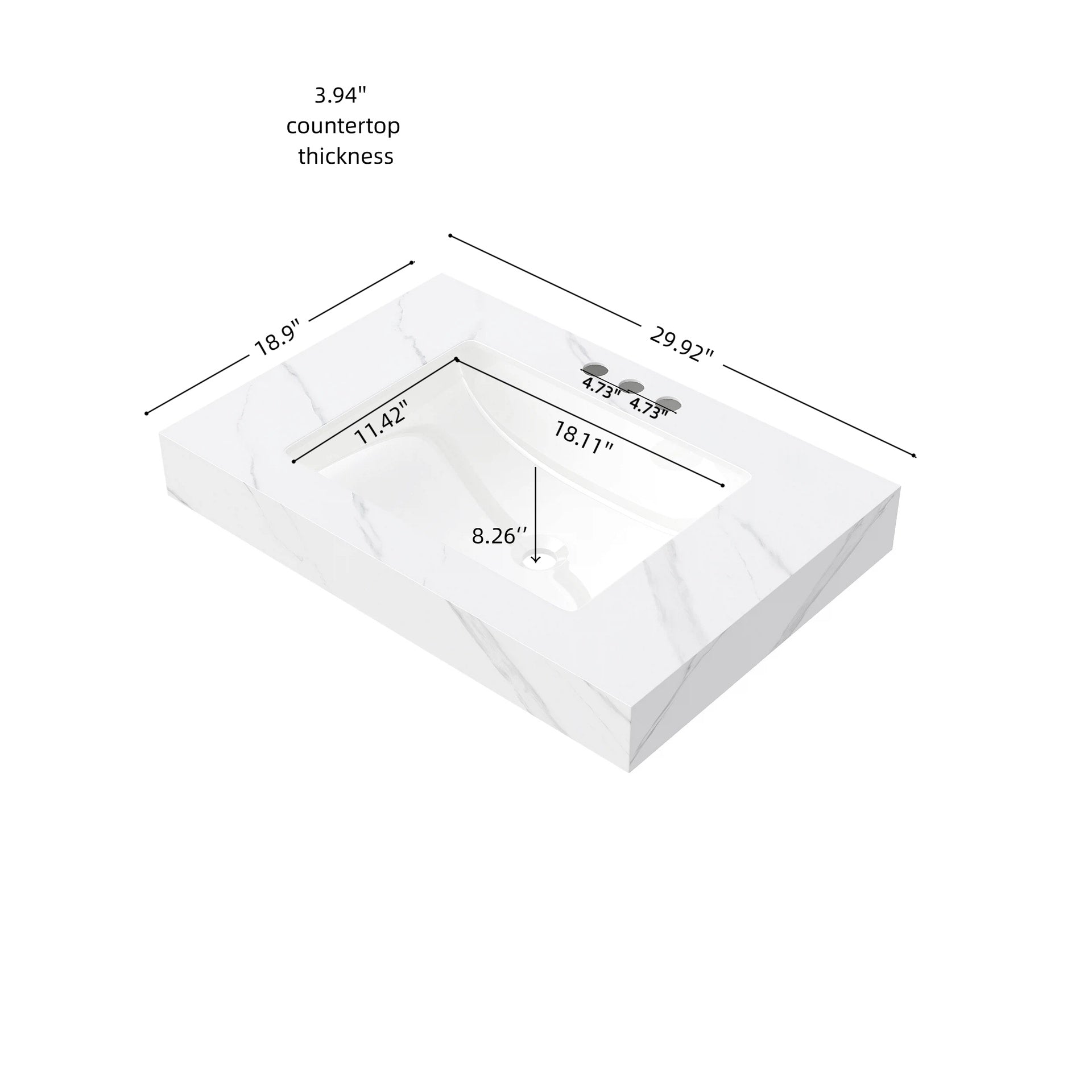 30" MURI Carrara White Sintered Stone Countertop and Undermount Ceramic Basin with Three Standard Pre-drilled Faucet Holes, NO Cabinet, NO Faucet and Sink Cover