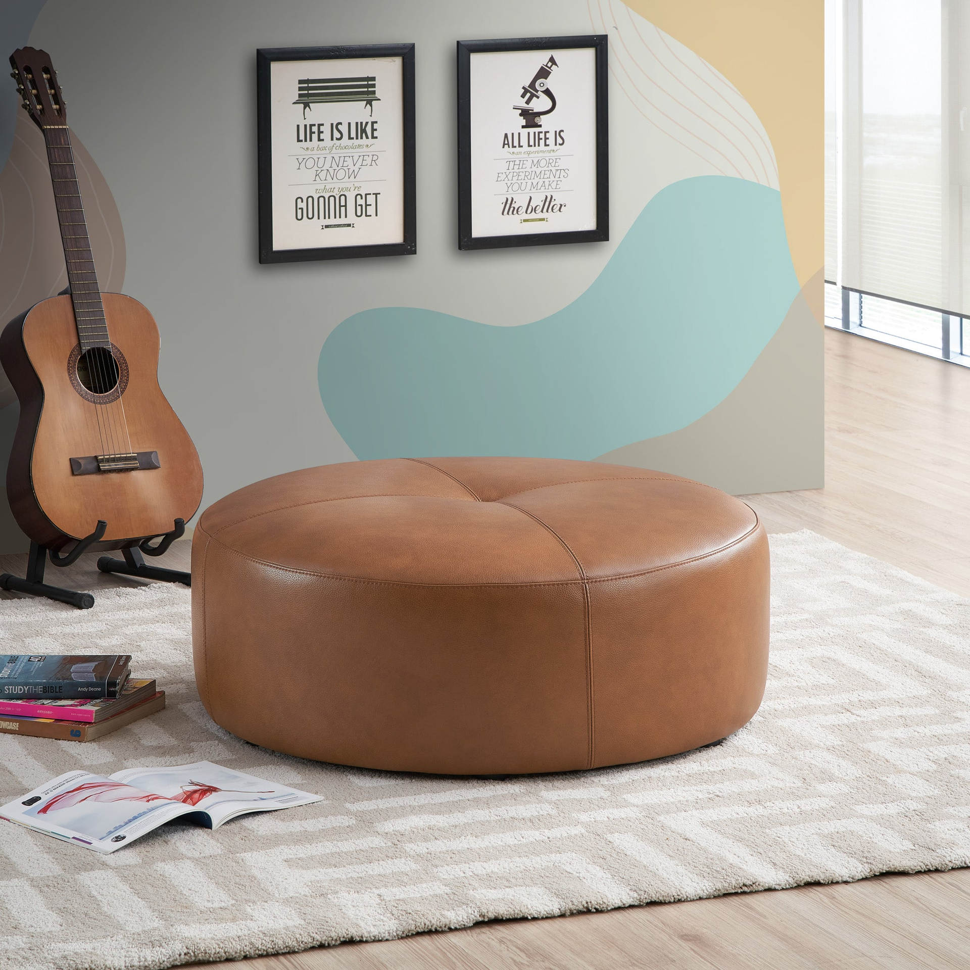 Rochelin Tan Leather Ottoman 36'' Floor Footrest Cushion
