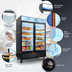 Glass Door Merchandiser Freezer 44.7 Cu.ft Swing Door Commercial Reach-In Display Freezers with LED Top Panel Upright Freeze Storage
