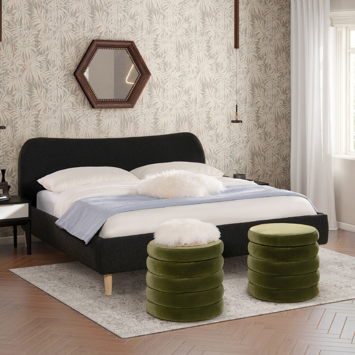Roman Curved Headboard Upholstered Platform Bed, King, Ebony Black Boucle