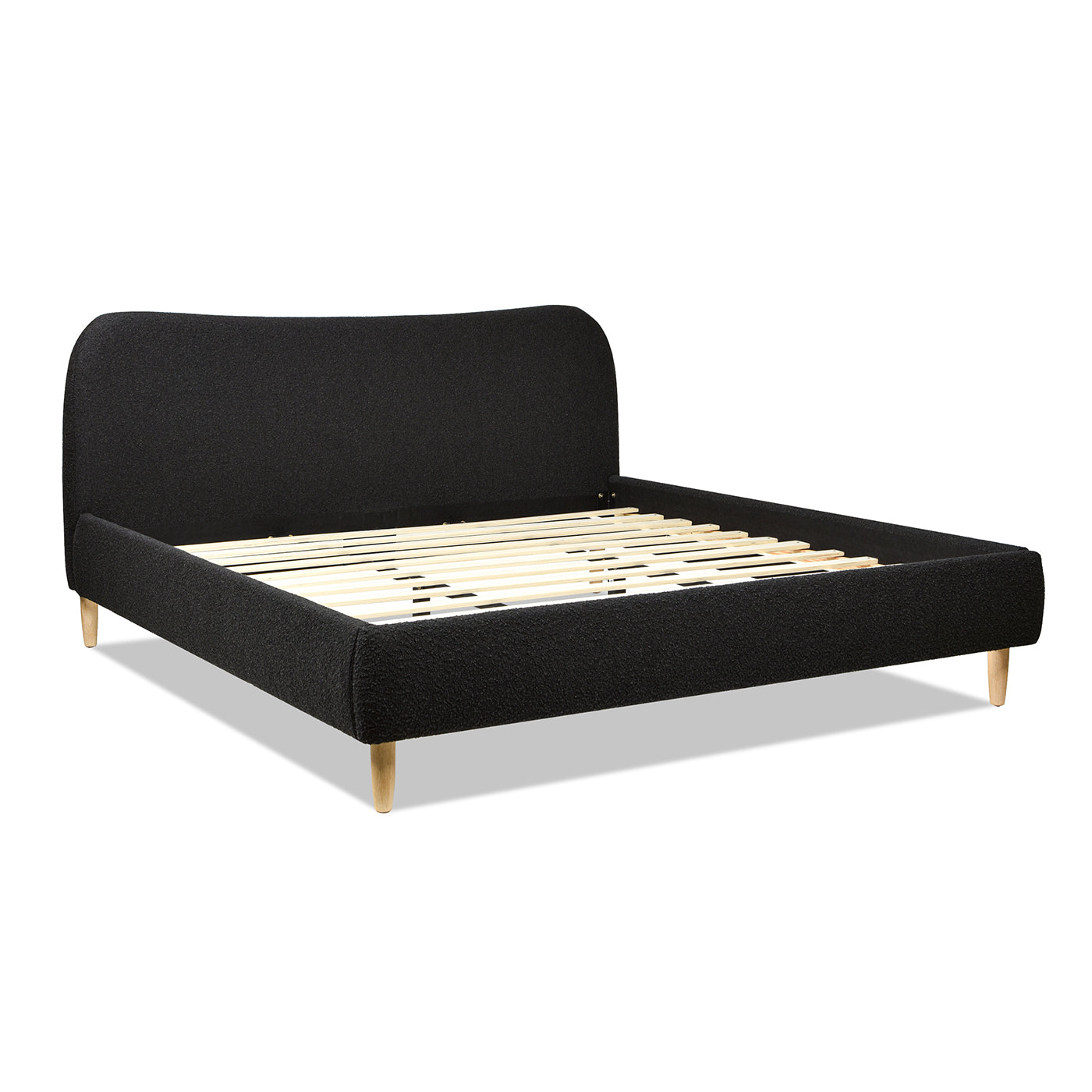 Roman Curved Headboard Upholstered Platform Bed, King, Ebony Black Boucle