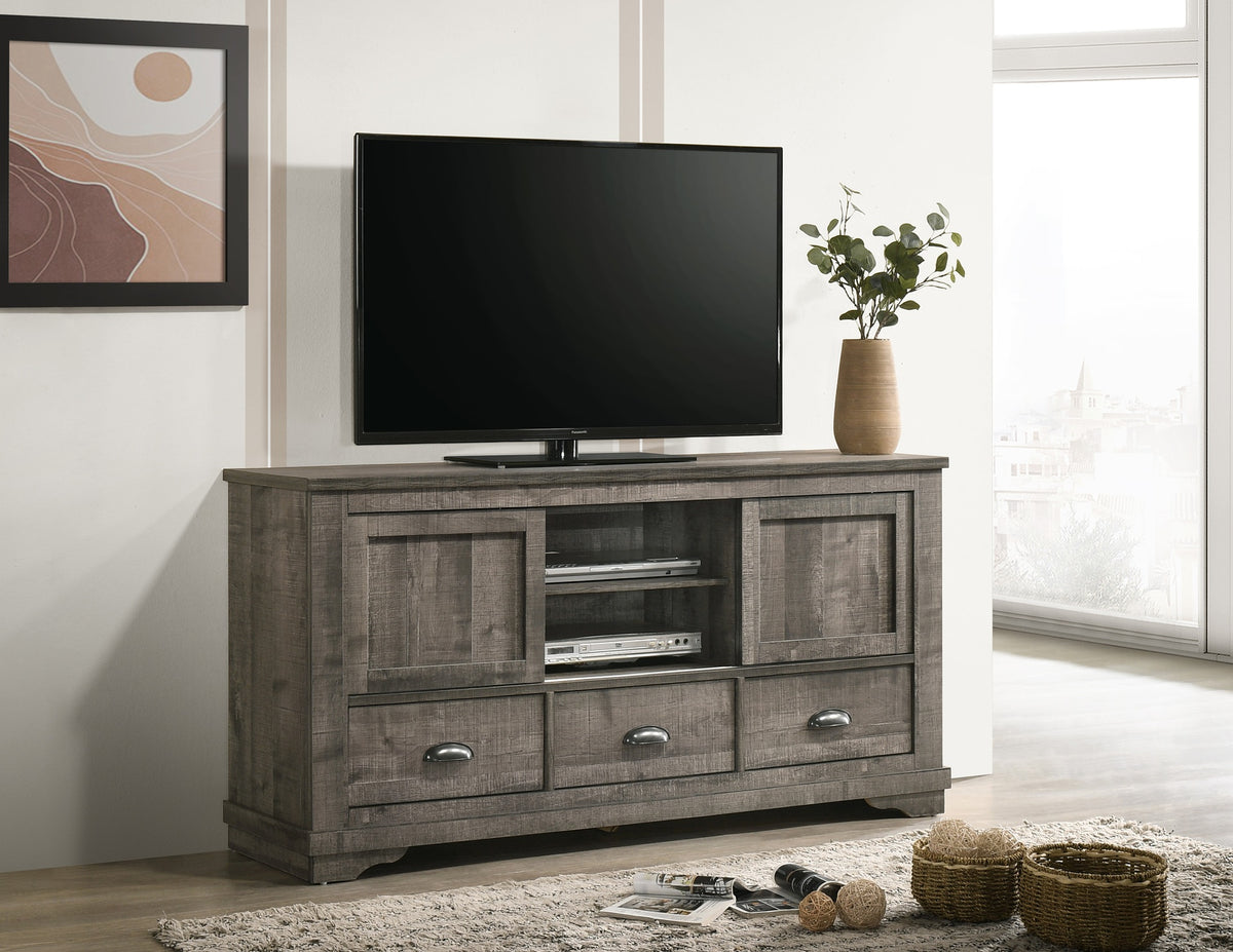 Contemporary TV Stand 1pc Weathered Wood Finish Metal Hardware Sliding Doors Open Shelves Lower Drawers Wooden Living Room Furniture Dark Gray