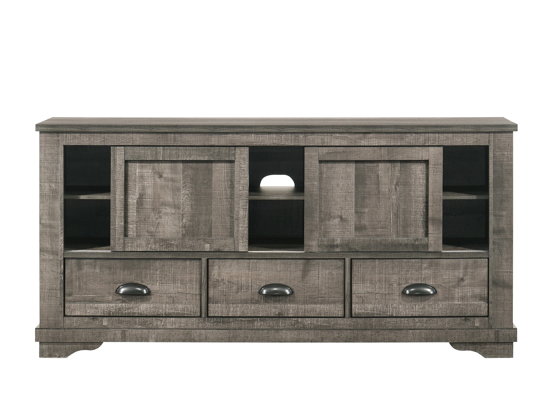 Contemporary TV Stand 1pc Weathered Wood Finish Metal Hardware Sliding Doors Open Shelves Lower Drawers Wooden Living Room Furniture Dark Gray