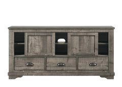 Contemporary TV Stand 1pc Weathered Wood Finish Metal Hardware Sliding Doors Open Shelves Lower Drawers Wooden Living Room Furniture Dark Gray