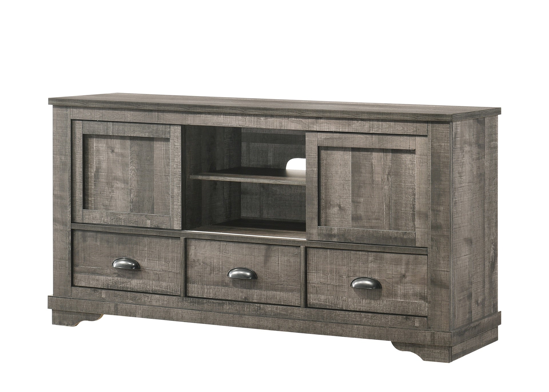 Contemporary TV Stand 1pc Weathered Wood Finish Metal Hardware Sliding Doors Open Shelves Lower Drawers Wooden Living Room Furniture Dark Gray