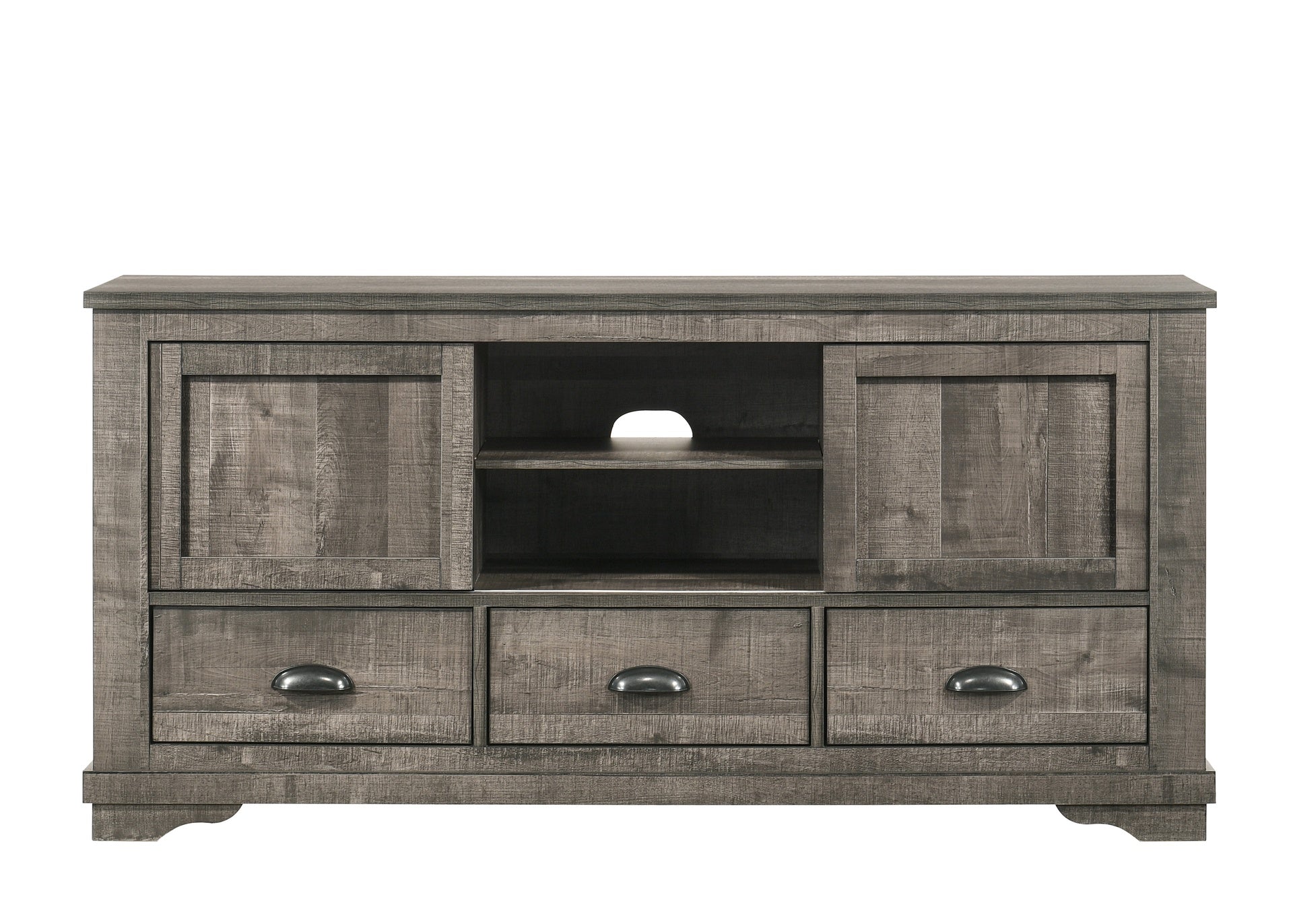 Contemporary TV Stand 1pc Weathered Wood Finish Metal Hardware Sliding Doors Open Shelves Lower Drawers Wooden Living Room Furniture Dark Gray