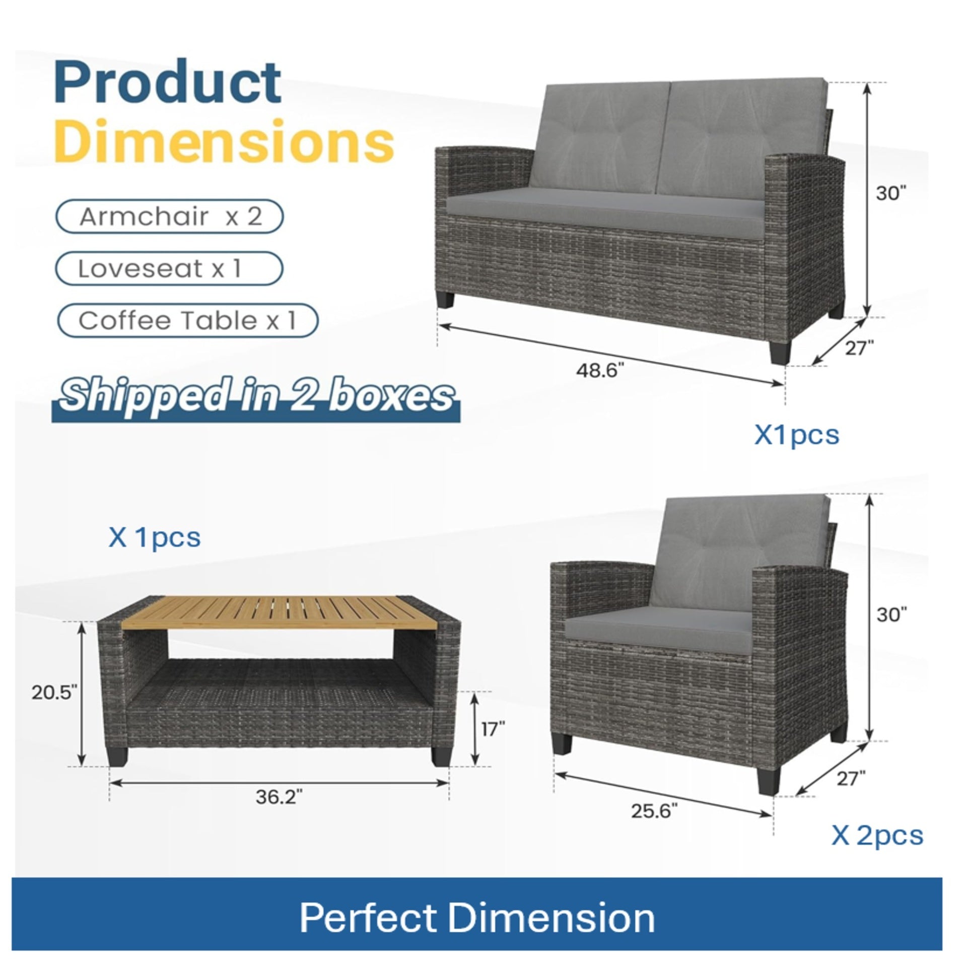 4-Piece All Weather Wicker Outdoor Patio Conversation Set with Gray Cushions and Accacia Wood Table