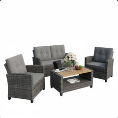 4-Piece All Weather Wicker Outdoor Patio Conversation Set with Gray Cushions and Accacia Wood Table