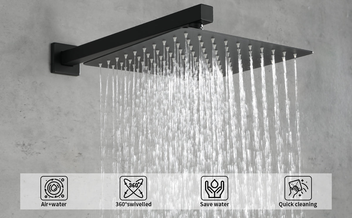 Male NPT Bathtub Shower Faucet Set, Waterfall Tub Faucet with 12-Inch Matte Black Rain Shower Head System