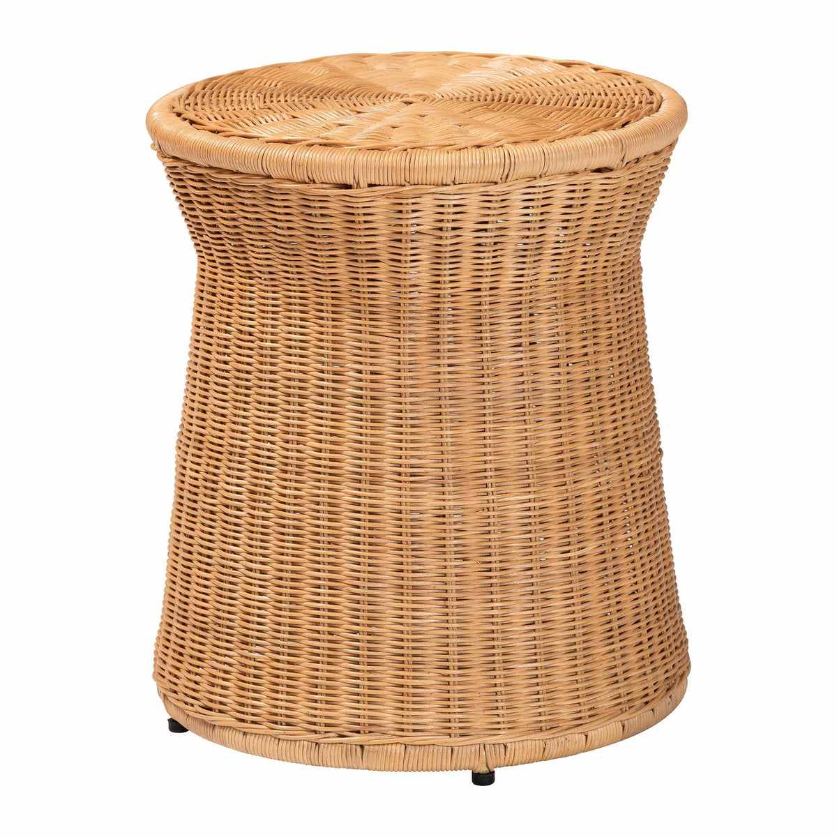 Round Natural Rattan End Table - Handwoven Wicker Drum Shape Accent Table for Living Room or Sunroom, Light Honey