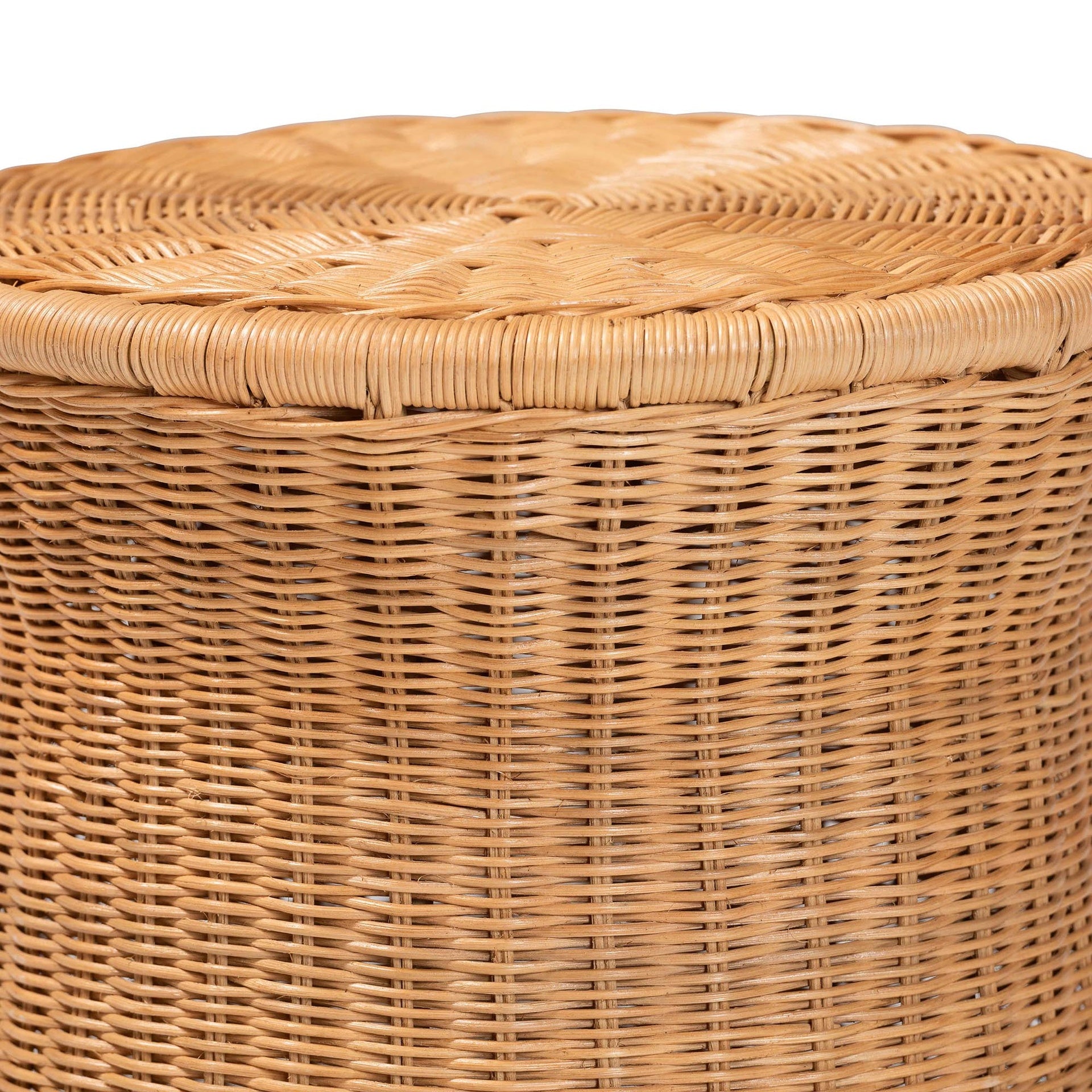 Round Natural Rattan End Table - Handwoven Wicker Drum Shape Accent Table for Living Room or Sunroom, Light Honey
