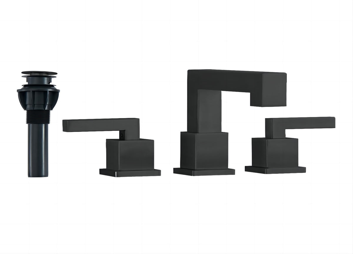 Matte Black Widespread Bathroom Faucet, Waterfall Bathroom Faucets for Sink 3 Hole, 2-Handles Modern Vanity Faucet with Pop Up Drain Assembly and Lead-Free Supply Hose,8-Inch