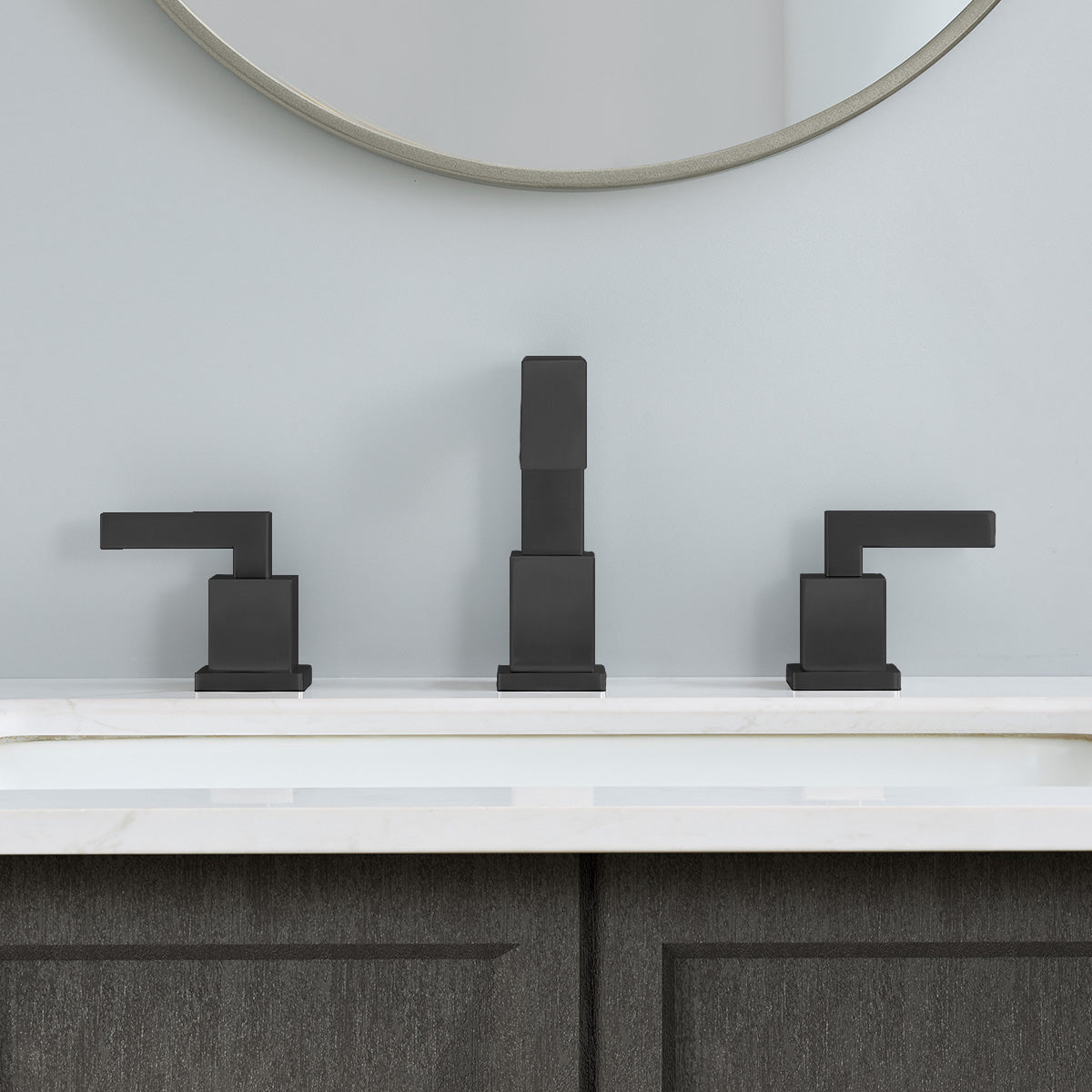 Matte Black Widespread Bathroom Faucet, Waterfall Bathroom Faucets for Sink 3 Hole, 2-Handles Modern Vanity Faucet with Pop Up Drain Assembly and Lead-Free Supply Hose,8-Inch