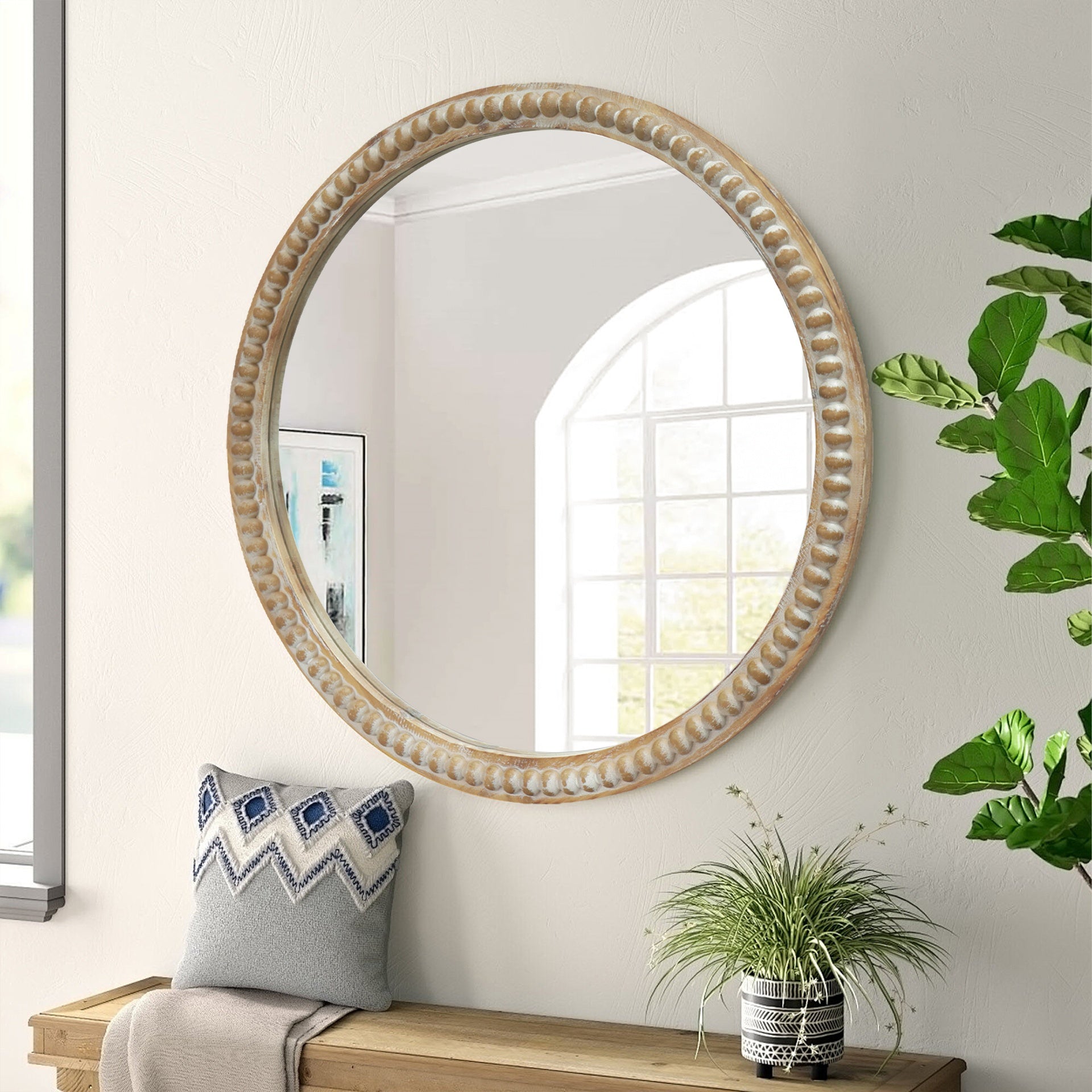 Round Decorative Wall Mirror, 35.43" Distressed Wood Beaded Frame Mirror for Entryway, Living Room, Bathroom, Farmhouse Style Accent Mirror