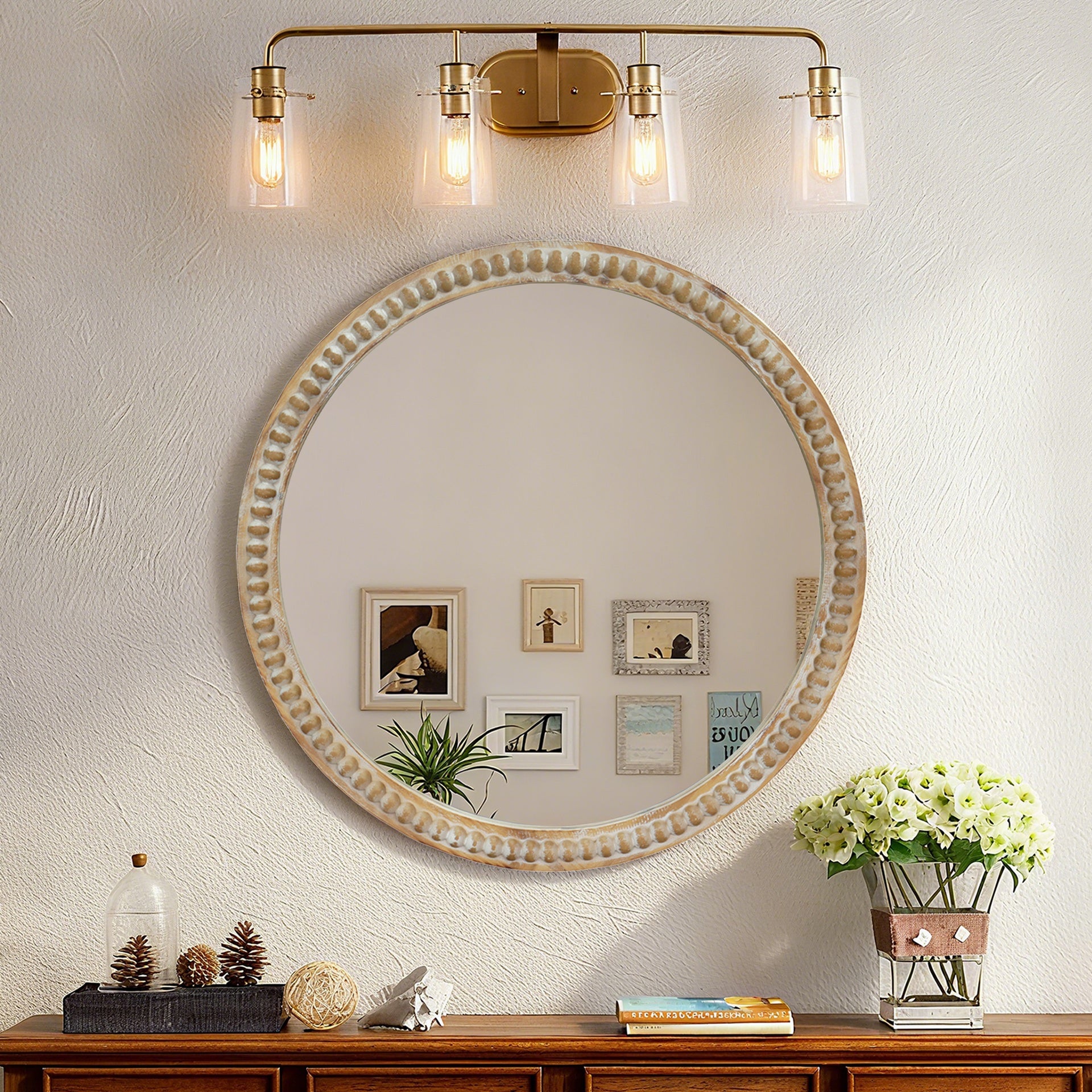 Round Decorative Wall Mirror, 35.43" Distressed Wood Beaded Frame Mirror for Entryway, Living Room, Bathroom, Farmhouse Style Accent Mirror
