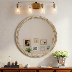 Round Decorative Wall Mirror, 35.43" Distressed Wood Beaded Frame Mirror for Entryway, Living Room, Bathroom, Farmhouse Style Accent Mirror