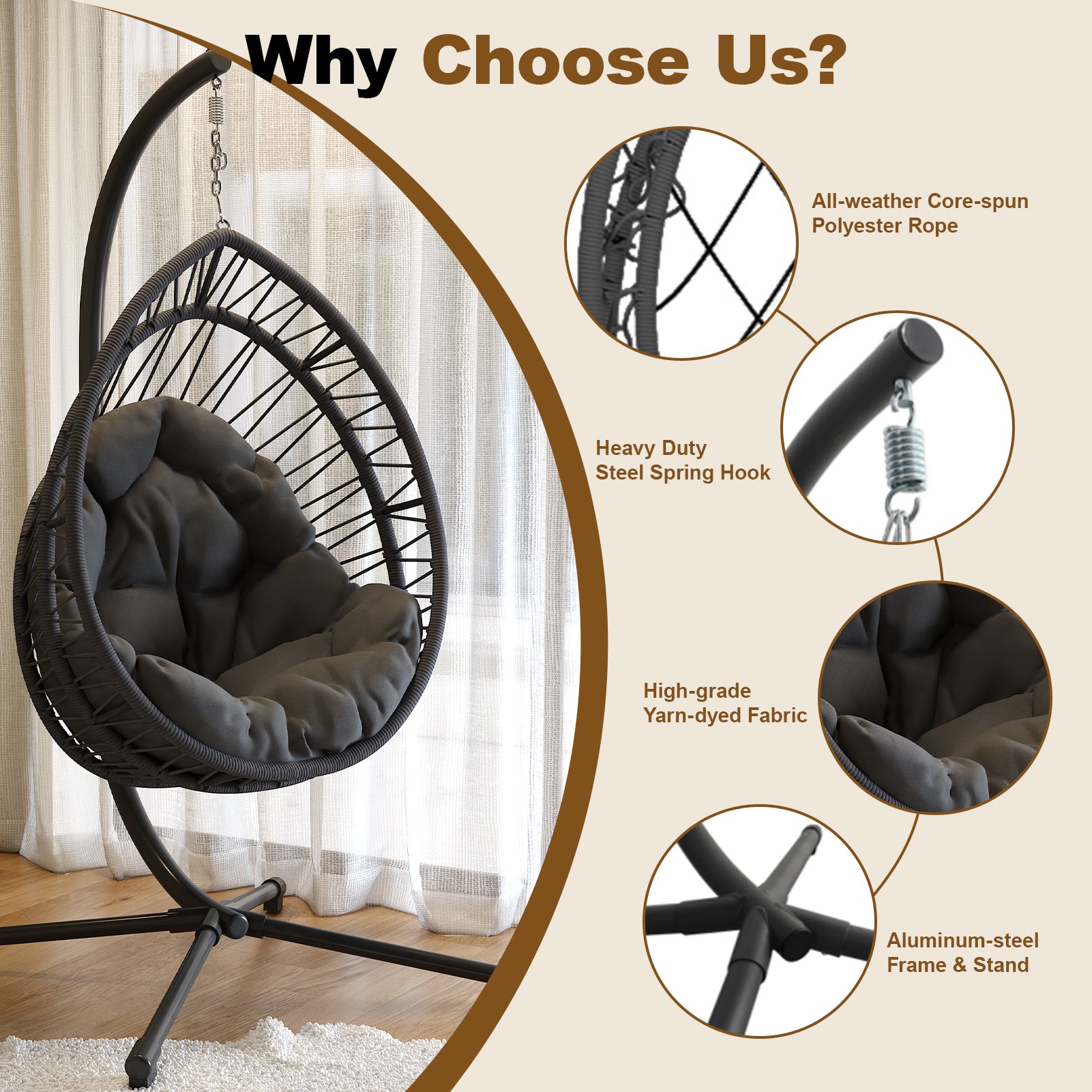 Outdoor Egg-shaped Hanging Chair with Stand, Patio Egg-shaped Swing Chair, Indoor Rocking Chair, Outdoor Hammock Egg-shaped Chair, Dark Gray