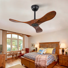 36" Solid Wood Ceiling Fan, Outdoor, 3 Blade, No Light, Walnut, for Patio Living Room Bedroom Porch, Remote Control, Water Resistant