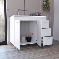 Ferretti Base Cabinet , Three Drawers, Double Door, Four Legs -White
