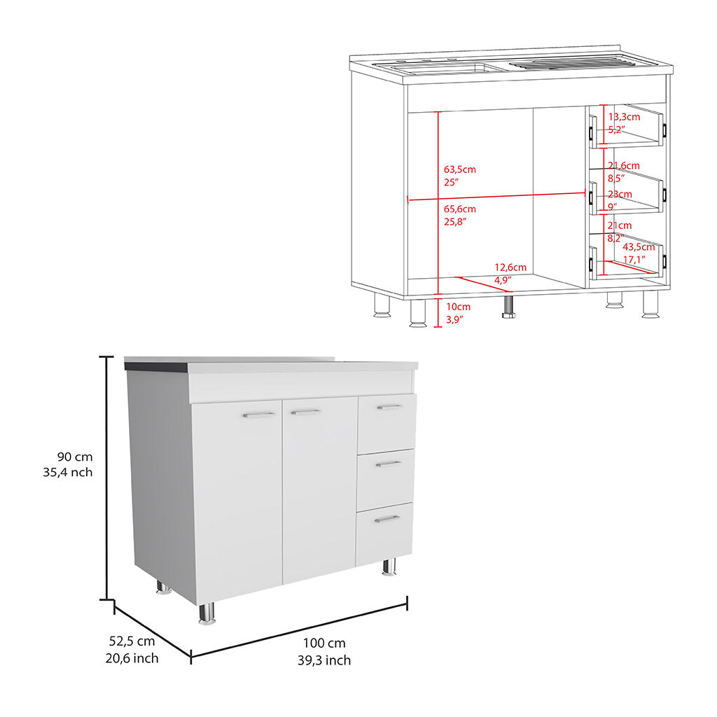 Ferretti Base Cabinet , Three Drawers, Double Door, Four Legs -White
