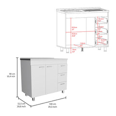 Ferretti Base Cabinet , Three Drawers, Double Door, Four Legs -White